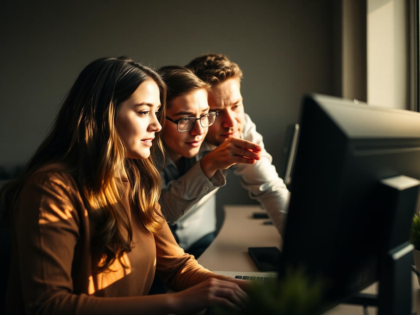 Two colleagues looking at an answer on screen together