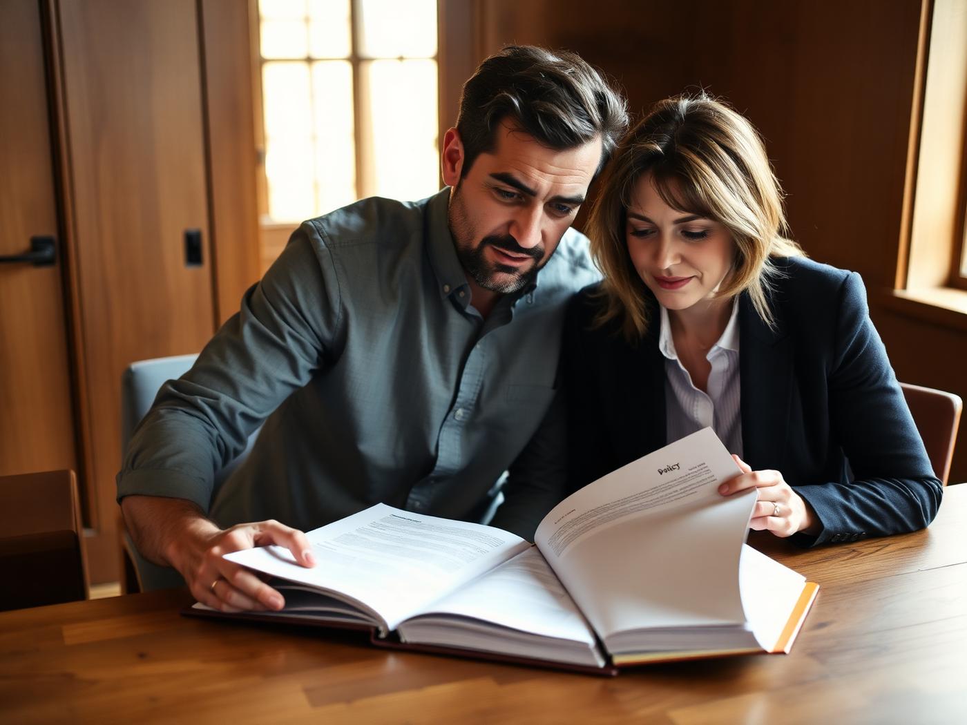 Two colleagues reading through a printed policy together