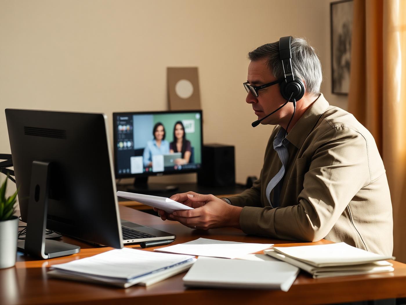 An HR consultant on a client call with notes spread across the desk