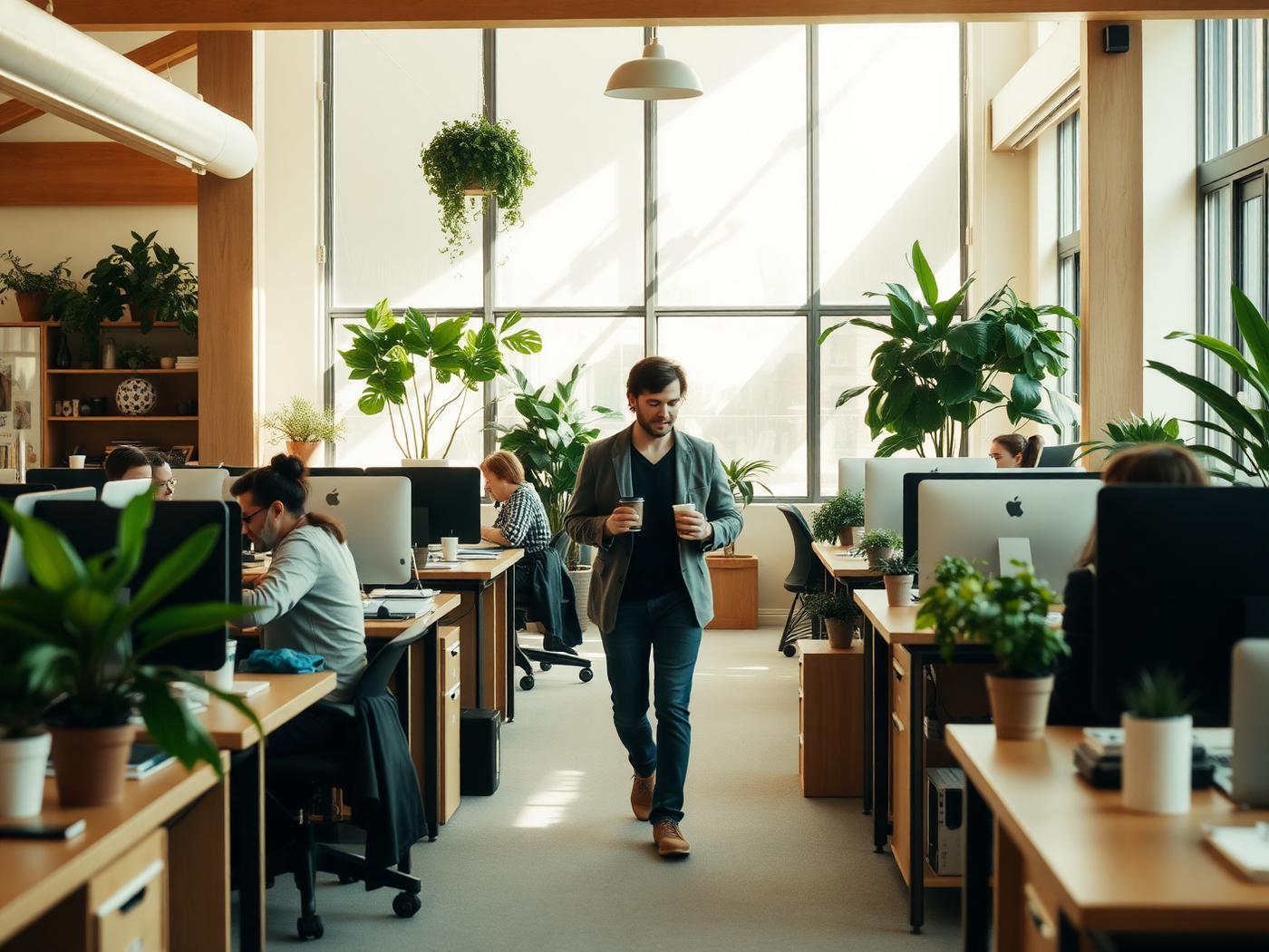 An open-plan office with people working in daylight
