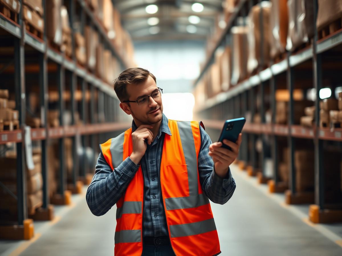 A supervisor approving a timesheet on his phone in a warehouse aisle