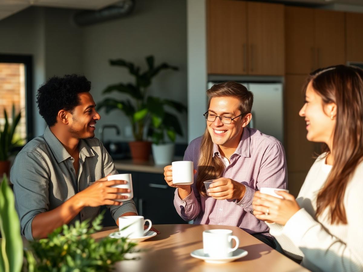 Coworkers laughing over coffee in an office kitchen