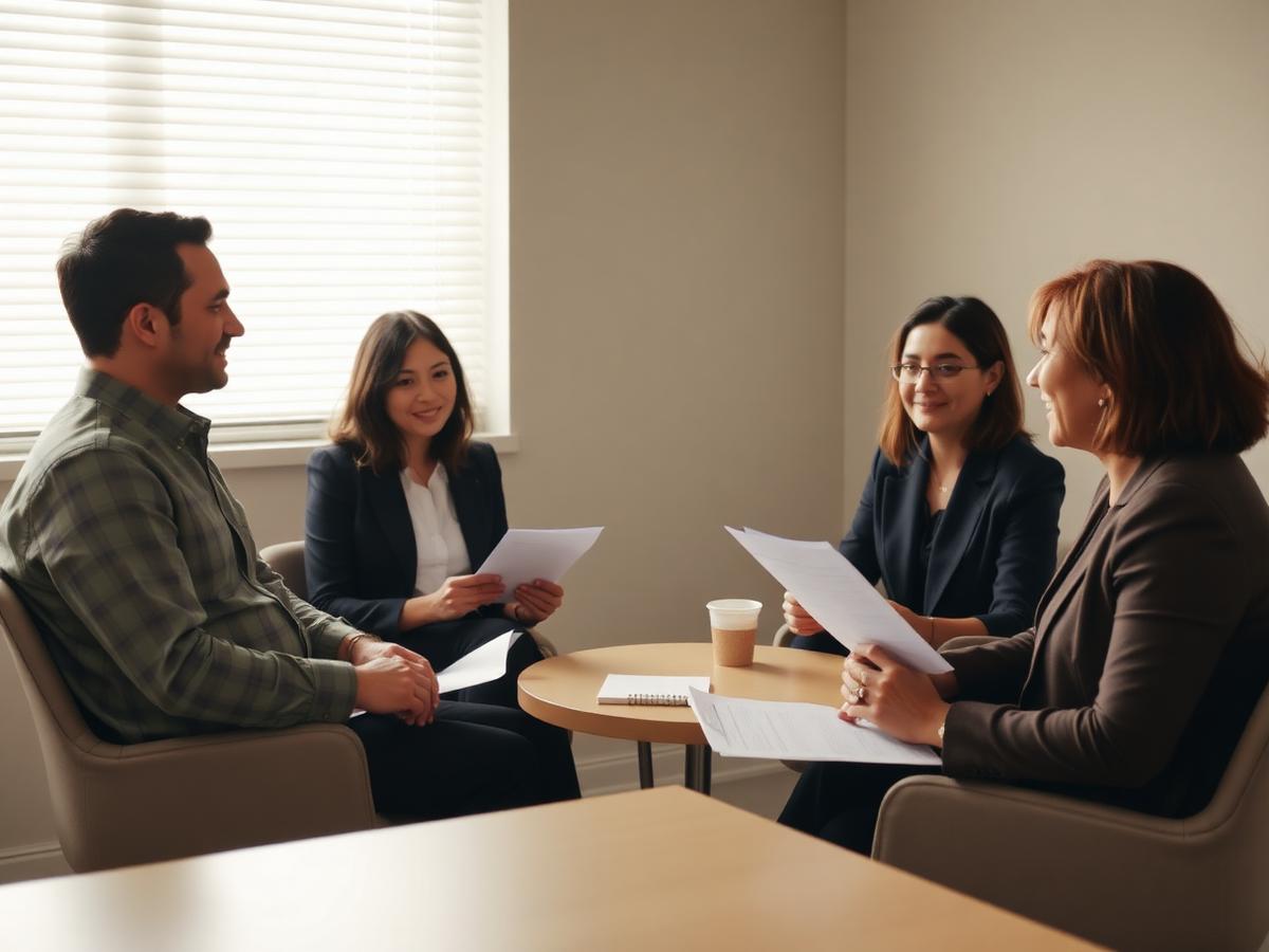 Two interviewers meeting a candidate across a small table