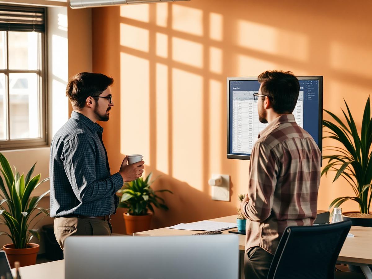 Two colleagues reviewing a payroll run on a large monitor