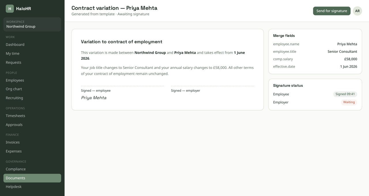 Document generated from a template with merge fields and signature status