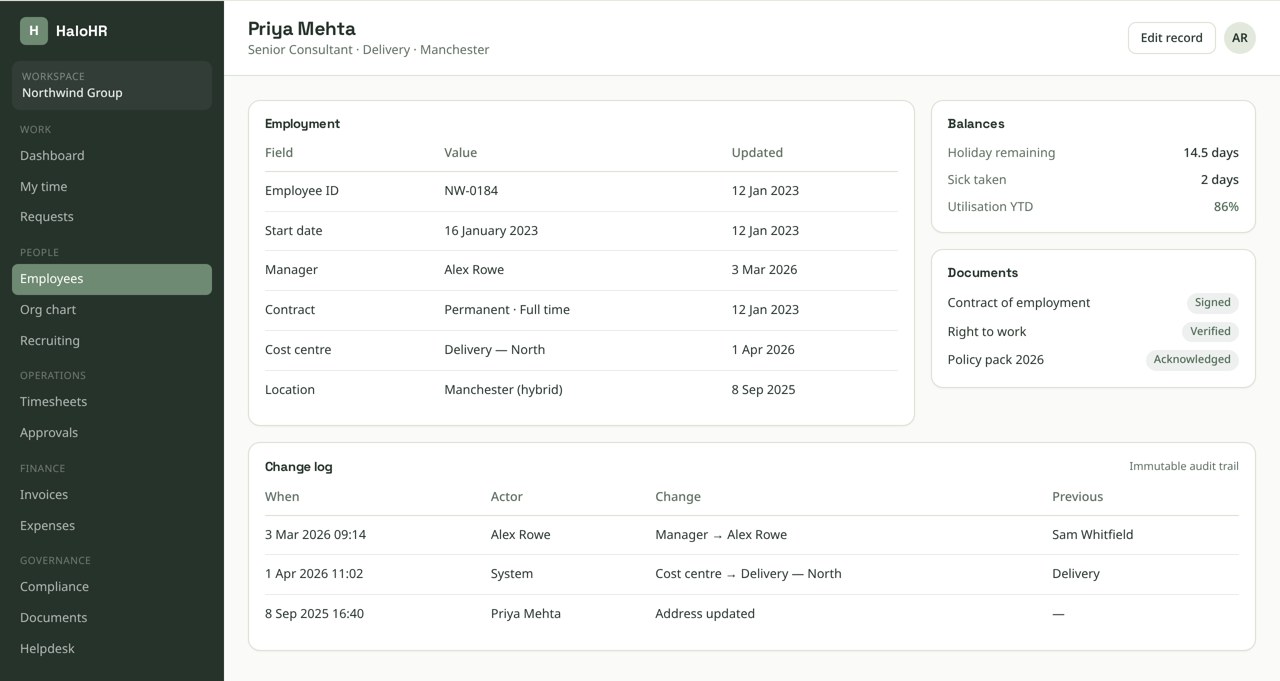 Employee record with employment history, balances, documents and an audit trail