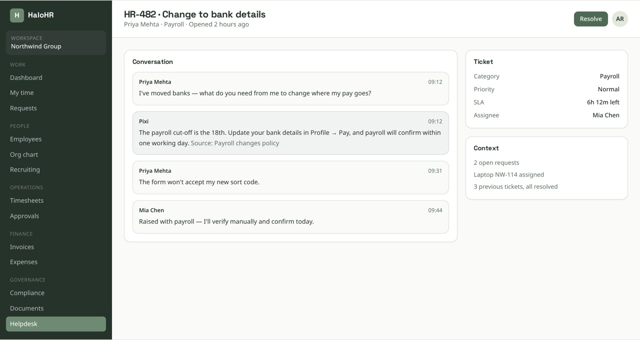 Helpdesk ticket with the conversation, SLA and the employee context beside it