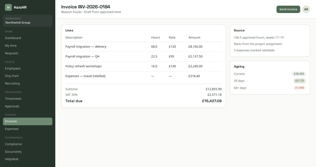 Draft invoice built from approved hours with lines, VAT and ageing