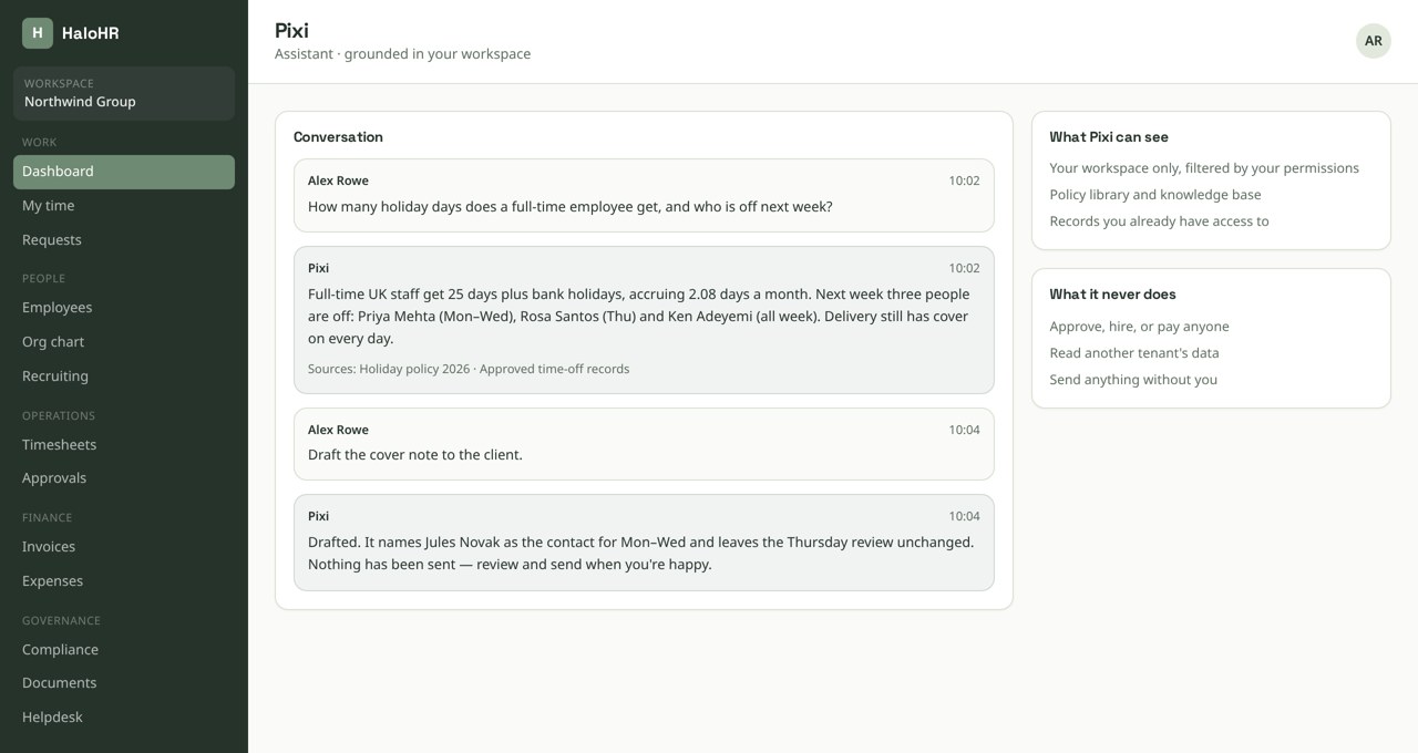 Pixi answering an HR question with cited sources